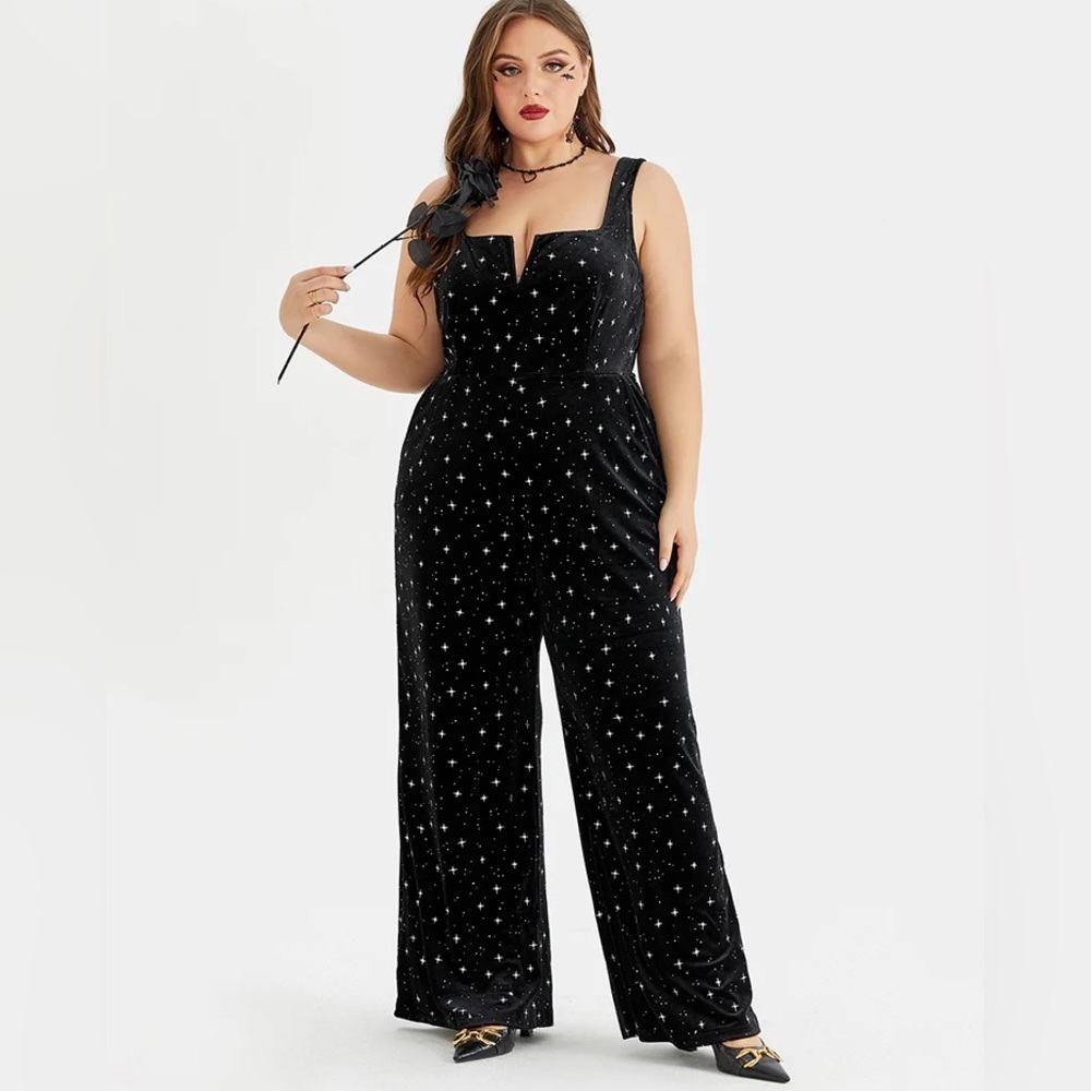 Cider 2X Black Silver Velvet Starry Celestial Jumpsuit Pockets Stretch Wide Leg